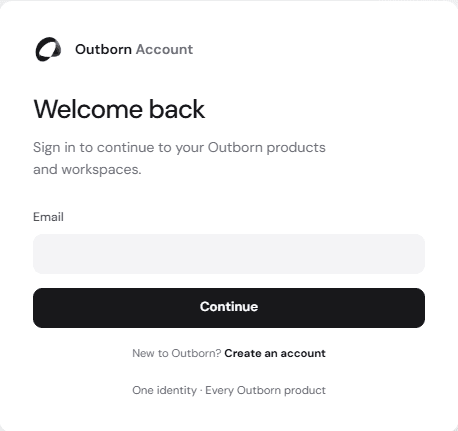 Outborn Account login: Welcome back, email field, Continue button, and Create an account link.