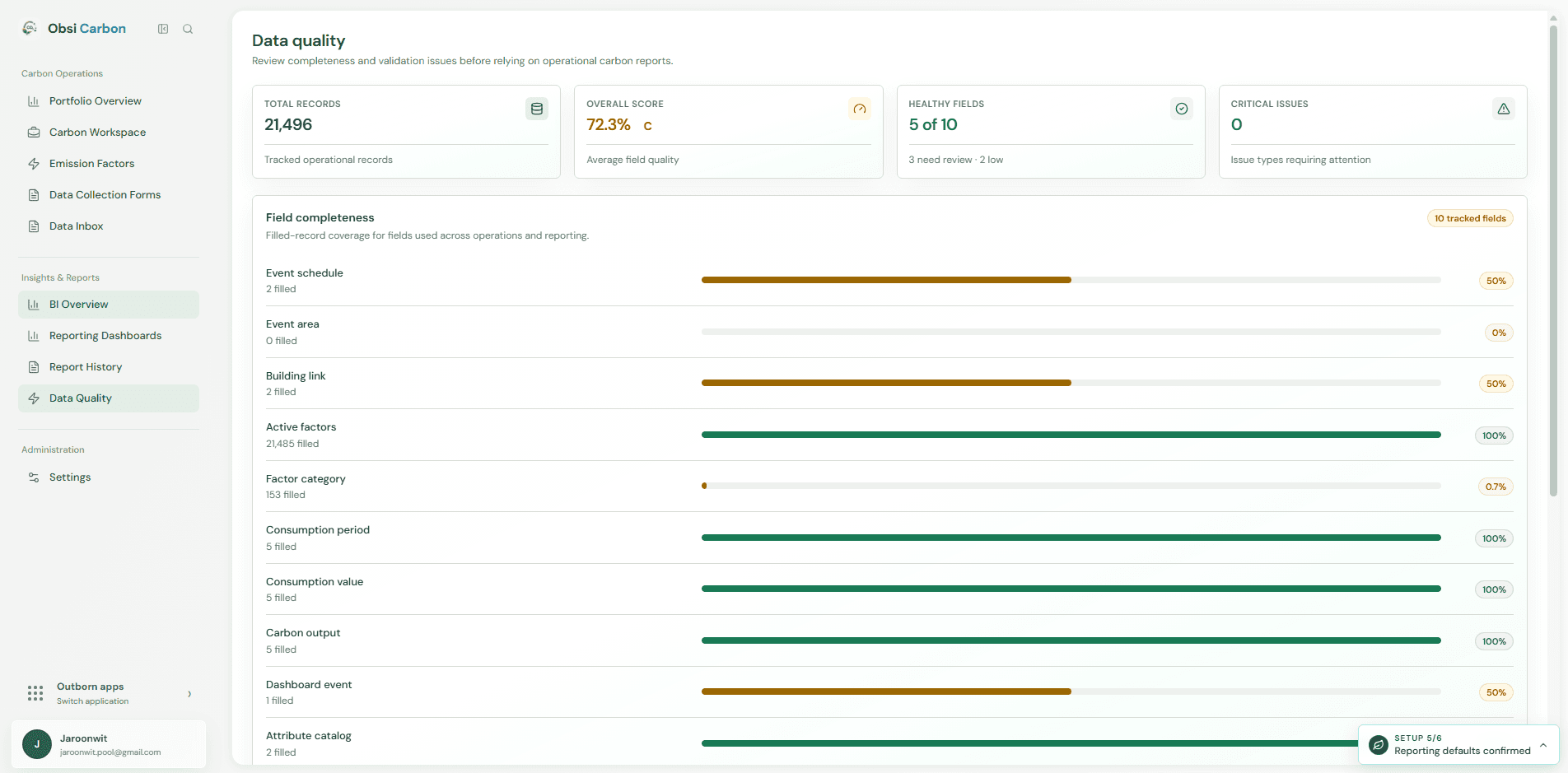 Obsi Carbon data quality screen with completeness metrics and field coverage