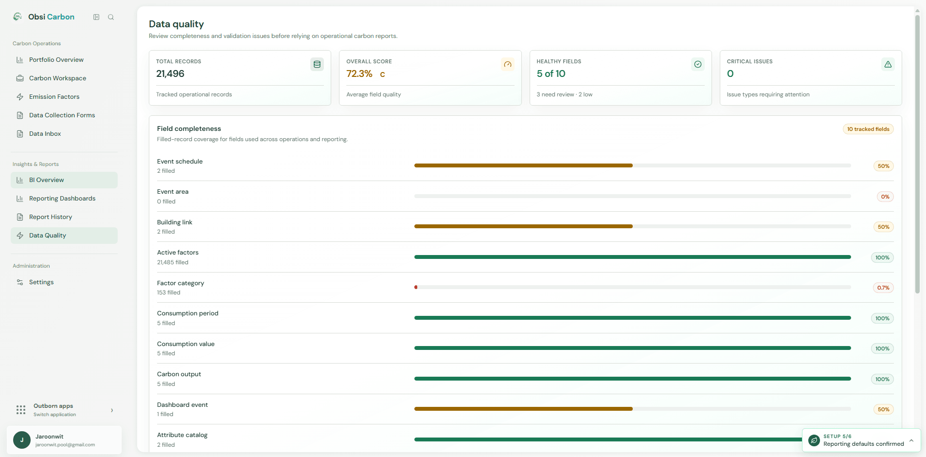 Obsi Carbon data quality screen with completeness metrics and field coverage