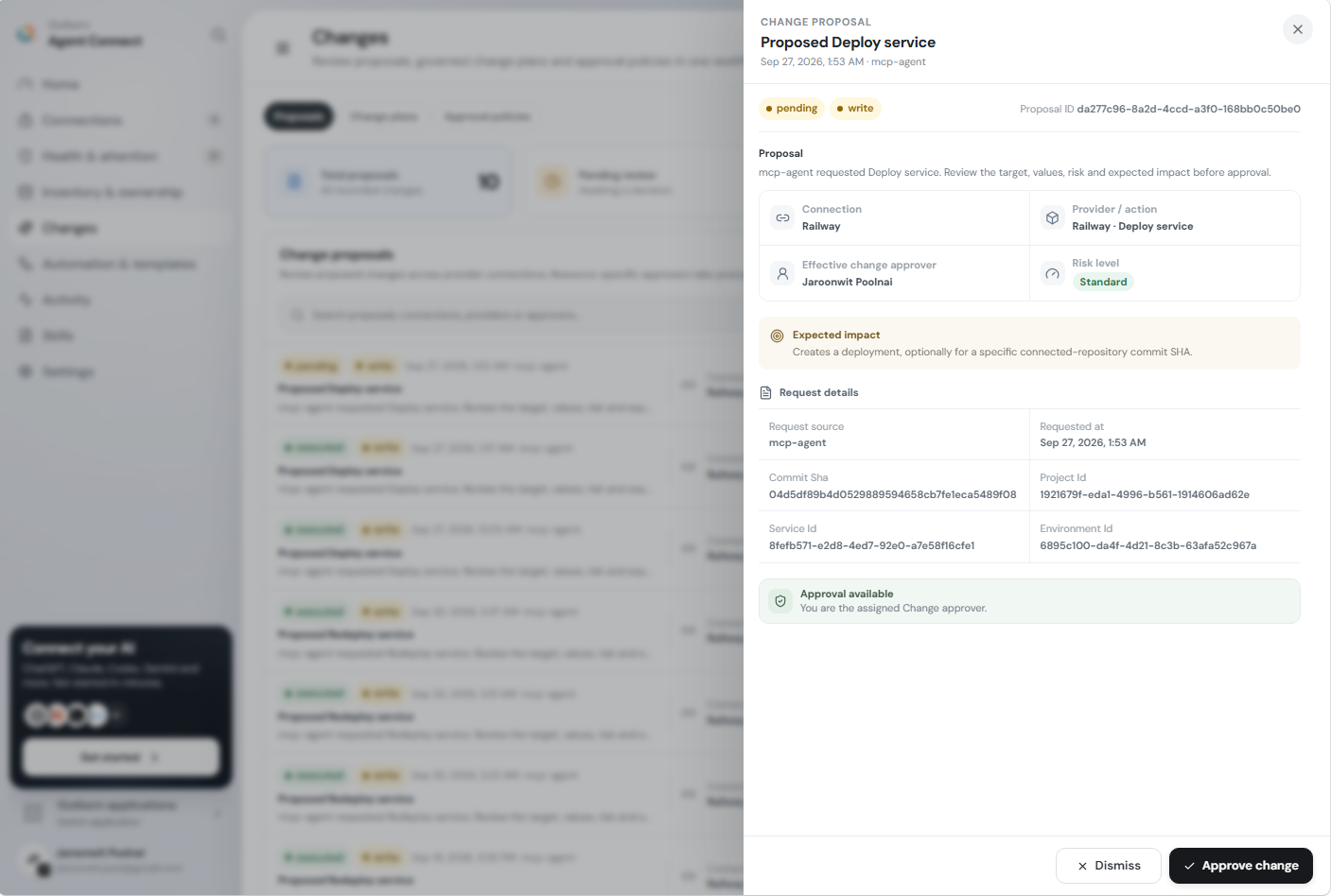 Outborn Agent Connect change proposal screen for Proposed Deploy service, showing a pending deployment request and an Approve change button
